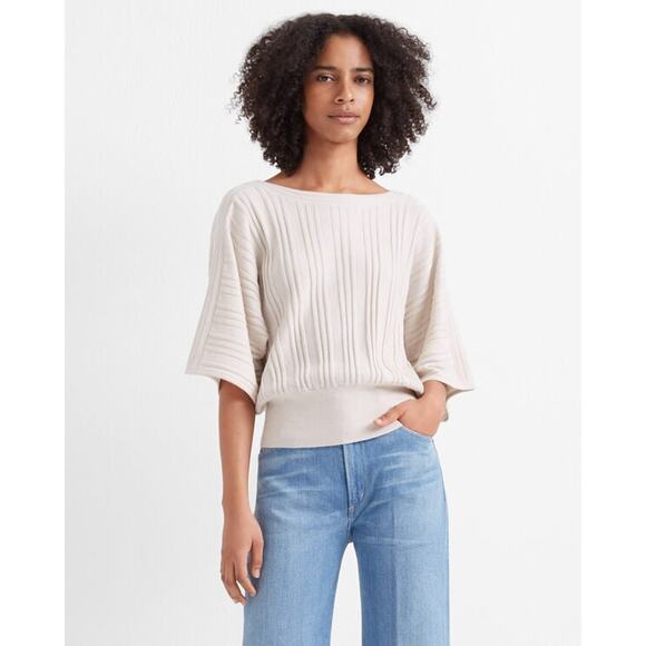 NWOT Club Monaco 100% Wool Cream Ribbed Knit Structured Dolman Sleeve Sweater SP - Picture 1 of 8